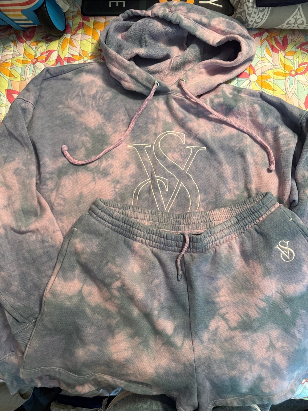 Victoria's Secret Pink & Purple Tie-Dye Hoodie and Shorts Set